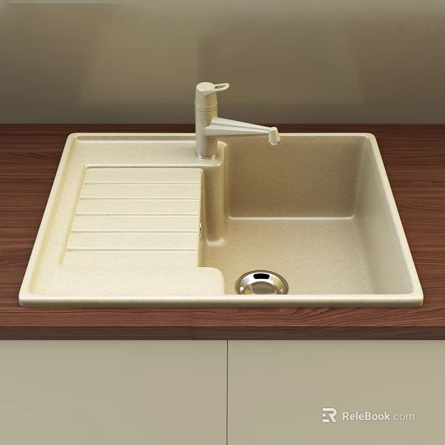 Modern Rectangular Kitchen Sink with Drainboard and Faucet on Wooden Countertop 3d model 