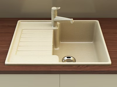 Modern Rectangular Kitchen Sink with Drainboard and Faucet on Wooden Countertop 3d model