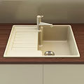 Modern Rectangular Kitchen Sink with Drainboard and Faucet on Wooden Countertop