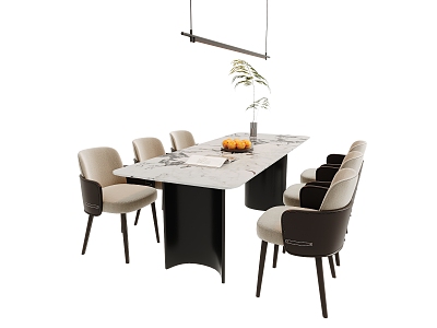 Modern Dining Table and Chair Combination Long Dining Table Dining Chair Long Chandelier 3d model