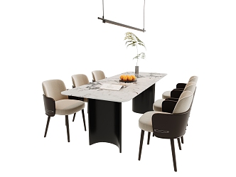 Modern Dining Table and Chair Combination Long Dining Table Dining Chair Long Chandelier 3d model