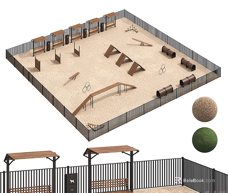 Public Playground Featuring Fenced Sand Area Climbing Structures Tunnels Shelters And Seats 3d model 