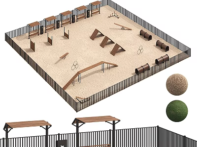 Public Playground Featuring Fenced Sand Area Climbing Structures Tunnels Shelters And Seats 3d model