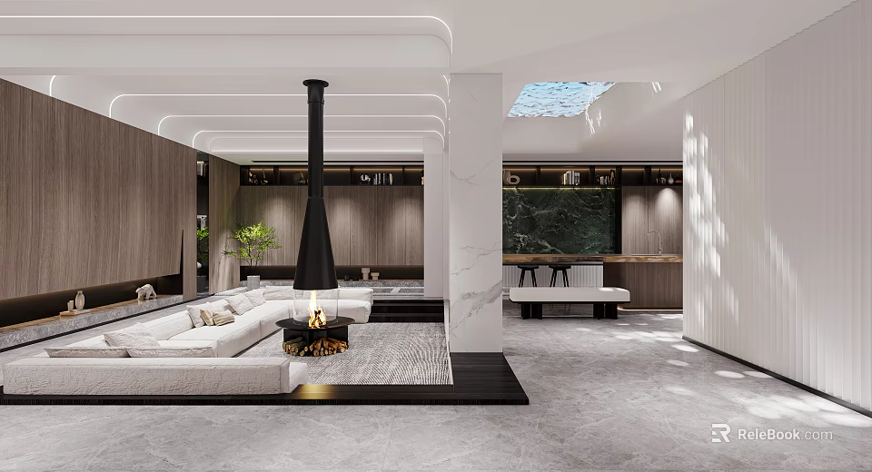 Modern Basement Interior With Fireplace Sofa Skylight And Wooden Walls 3d model 