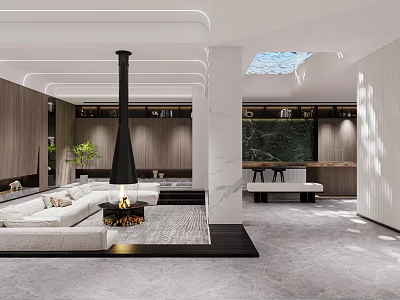 Modern Basement Interior With Fireplace Sofa Skylight And Wooden Walls 3d model