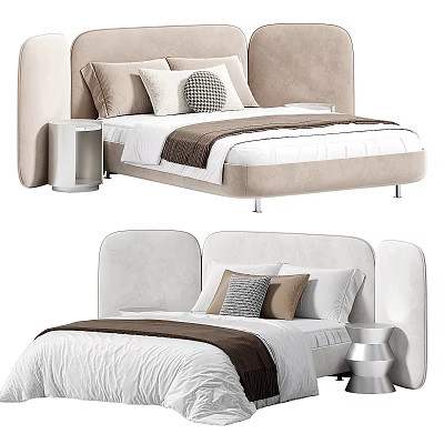 Modern Double Bed With Upholstered Headboard Cozy Bedding Decorative Pillows And Bedside Tables 3d model