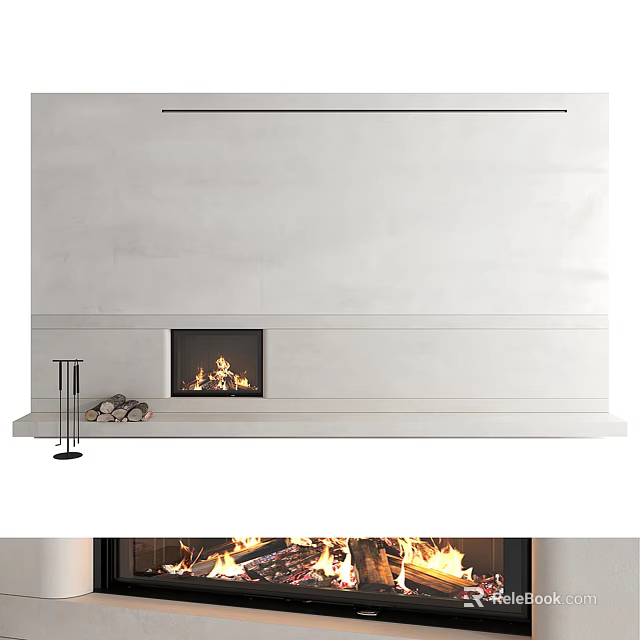 Modern White Stone Fireplace With Burning Fire And Minimalist Design 3d model 