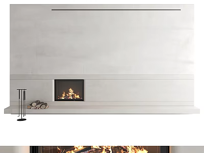 Modern White Stone Fireplace With Burning Fire And Minimalist Design 3d model