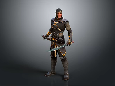 Hooded Man in Black Outfit with Yellow Accents Holding Two Daggers 3d model