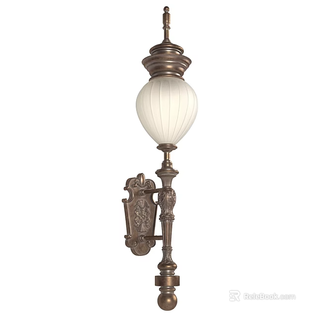 Classic Bronze Wall Lamp With Carved Metal Bracket And White Lampshade For Indoor Decoration 3d model 