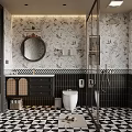 Classic Bathroom Interior With Round Mirror Black White Geometric Tiles Glass Shower And Patterned Wallpaper