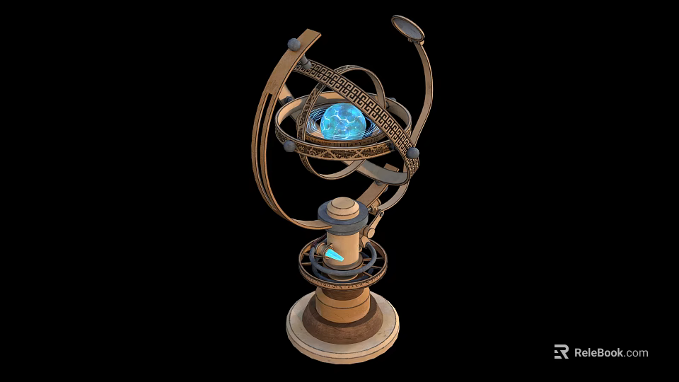 Vintage Mechanical Armillary Sphere With Brass Frame Blue Crystal Globe And Wooden Base Stand 3d model 