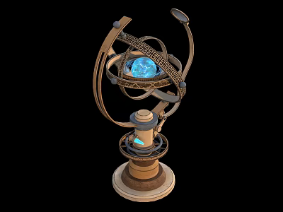 Vintage Mechanical Armillary Sphere With Brass Frame Blue Crystal Globe And Wooden Base Stand 3d model