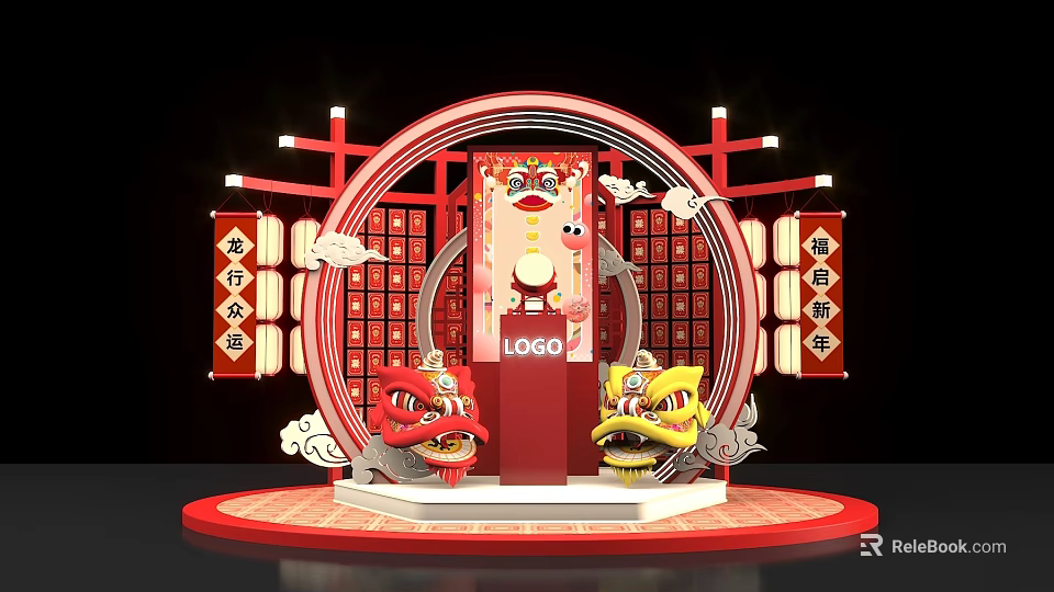 Traditional Chinese Photo Spot With Dragon Lion Statues Red Archway And Fu Elements 3d model 