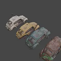 Collection Of Old Abandoned Cars With Rusty Bodies And Open Doors