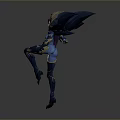 Stunning Fantasy Game Movie Character with Blue Outfit Purple Hair Glowing Wings and Dynamic Stance