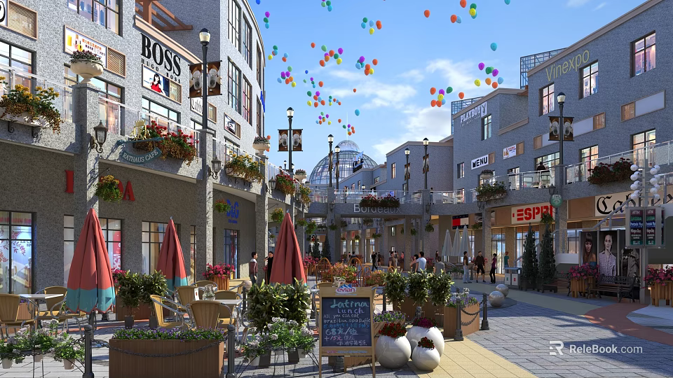 Vibrant Commercial Street with Colorful Balloons Outdoor Seating Green Plants and Pedestrians 3d model 