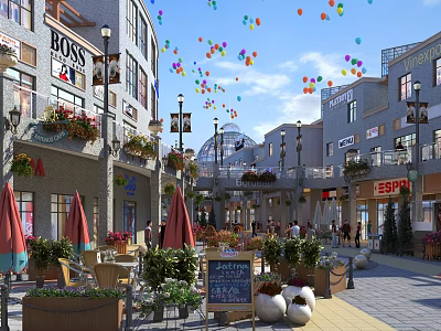 Vibrant Commercial Street with Colorful Balloons Outdoor Seating Green Plants and Pedestrians 3d model