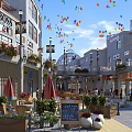 Vibrant Commercial Street with Colorful Balloons Outdoor Seating Green Plants and Pedestrians