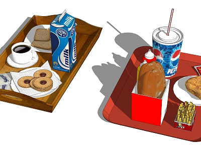 Assorted Food on Trays with Milk Coffee Sandwich Cookies Cola Fried Chicken Fries Ketchup 3d model