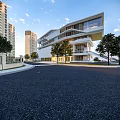 Modern Glass Facade Building With Green Lawn Trees And High Rise Background