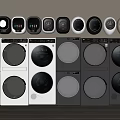 Various Modern Washing Machines in Different Styles White and Dark Colored Lined Up in Row