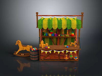 Colorful Toy Stall Setup With Green Yellow Awning And Wooden Rocking Horse 3d model