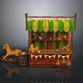 Colorful Toy Stall Setup With Green Yellow Awning And Wooden Rocking Horse