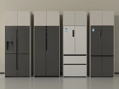 Modern Refrigerators of Different Styles Displayed Side by Side in Gray and White Colors 3d model