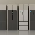 Modern Refrigerators of Different Styles Displayed Side by Side in Gray and White Colors