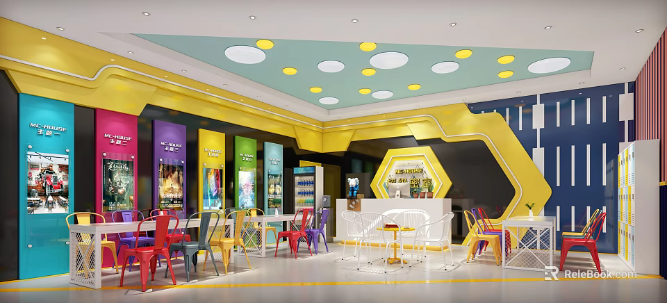Vibrant Café Interior Design with Colorful Chairs Hexagon Counter and Yellow Blue Ceiling Lights 3d model 