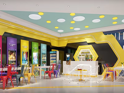 Vibrant Café Interior Design with Colorful Chairs Hexagon Counter and Yellow Blue Ceiling Lights 3d model