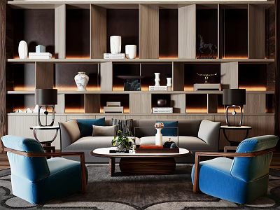 Elegant Modern Sofa and Coffee Table Set With Blue Armchairs Wooden Bookshelves and Decorative Items 3d model