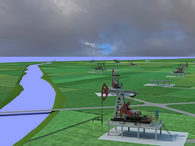 Industrial Plant Featuring Oil Pumps Green Fields And River Under Cloudy Sky 3d model