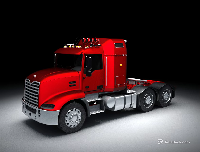 Red Heavy Duty Commercial Truck With Cab Chrome Details Headlights And Wheels 3d model 