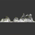 Traditional Chinese Ink Landscape Scene With Tall Mountains Scattered Trees Stone Bridge And Flowing River