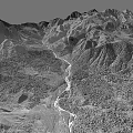 Scenic Monochrome Mountain Landscape With Winding River And Rugged Terrain