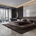 Modern Luxurious Bedroom Interior With Marble Accent Wall Gray Tones And Ambient Lighting