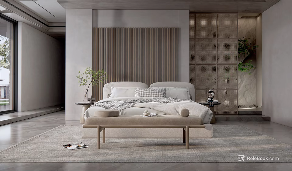 Modern Minimalist Bedroom Interior With Striped Headboard Bench Side Tables and Plants 3d model 