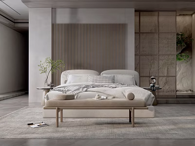 Modern Minimalist Bedroom Interior With Striped Headboard Bench Side Tables and Plants 3d model