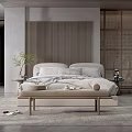 Modern Minimalist Bedroom Interior With Striped Headboard Bench Side Tables and Plants