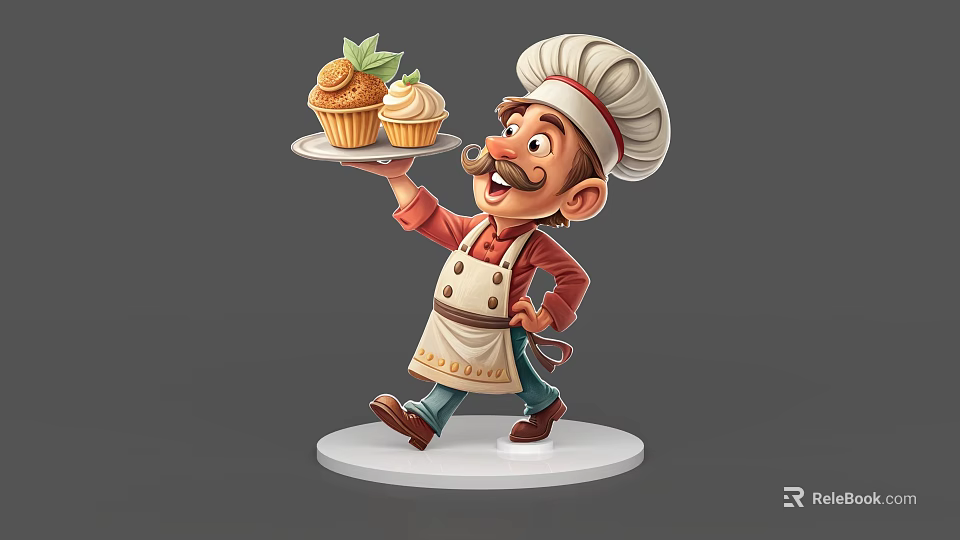 Cartoon Chef Game Character Holding Tray With Green Topped White Cupcakes Wearing Hat And Apron 3d model 