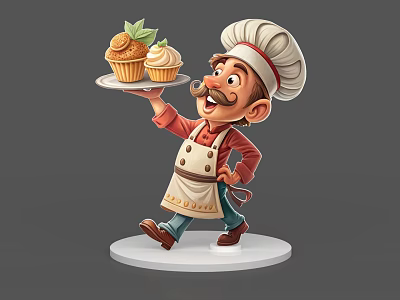 Cartoon Chef Game Character Holding Tray With Green Topped White Cupcakes Wearing Hat And Apron 3d model