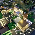 Illuminated Outdoor Art Installation With Cube Structures Green Lawn And Trees