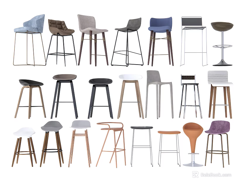 Modern Bar Stools With Various Designs Wooden Metal Legs And Upholstered Seats 3d model 