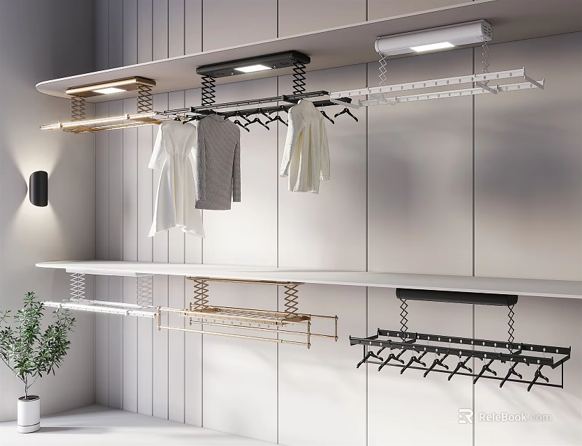 Modern Wall Mounted Clothes Hangers in Closet with Multiple Hooks and Rods Design 3d model 
