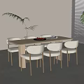 Modern Minimalist Dining Table and Chairs Set With Wooden Tabletop Beige Upholstered Chairs Green Plants Natural Light
