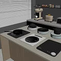 Modern Kitchen Countertop With Induction Cooktops Pots Coffee Maker Toaster And Microwave