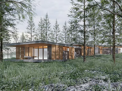 Modern Detached Villa Surrounded By Pine Trees With Wooden Exterior And Large Windows 3d model