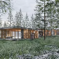 Modern Detached Villa Surrounded By Pine Trees With Wooden Exterior And Large Windows